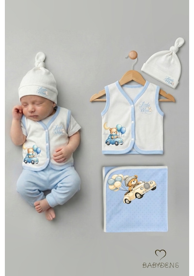 Babyden's Erkek Bebek 3 Lü Set Yenidoğan Bebek Seti, Jakarlı Battaniye, Şapka, Yelek 3-6 AY
