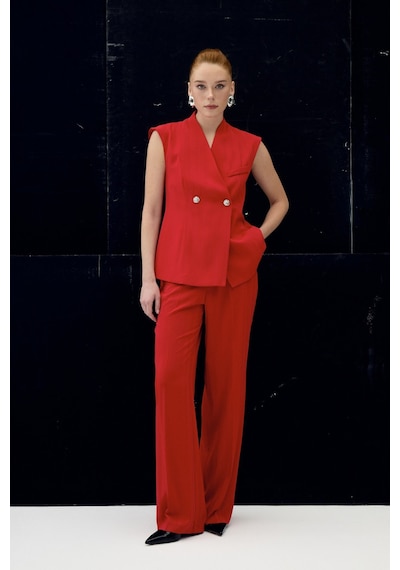 Sateen Anna Çizgili Pantolon - Kırmızı-137093 Kırmızı