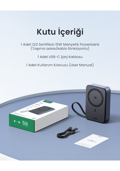 Ugreen Zapix 20.000 Mah Magsafe Wireless Hızlı Şarj Powerbank, Dahili 30w Usb-c Kablo Ve 15w Kablosuz Şarj Destekli, 55450b Gri