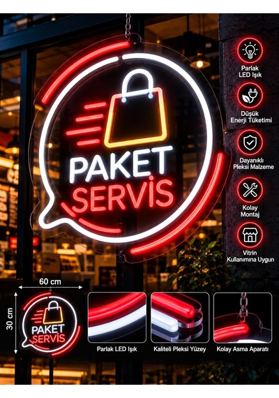 Paket Servis Neon Led Tabela 60x30 Cm Işıklı Pleksi Tabela Restoran Fast Food Vitrin Tabelası