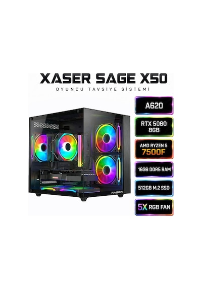Xaser Sage X50 R5-7500F Ddr5 16 GB 512 GB M.2 NVMe SSD 8 GB RTX5060 Free Dos Masaüstü Oyuncu Bilgisayarı