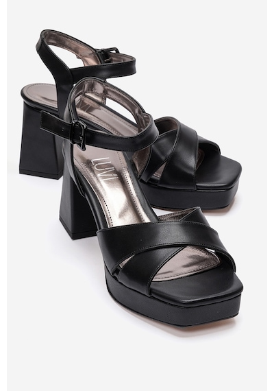 Luvishoes Lisbon Siyah Cilt Çapraz Bantlı Kadın Platform Topuklu Ayakkabı