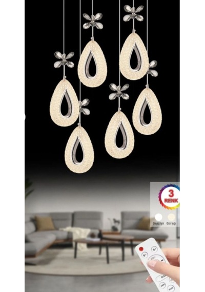 Damla 6 Lı Gümüş 3 Renk Ledli Kumandalı Modern Sarkıt Led Avize