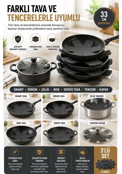 3'lü Antrasit Tava Çizdirmez Keçe Koruyucu 33 Cm Tava Tencere Ayırıcı Çizik Önleyici Organizer Set