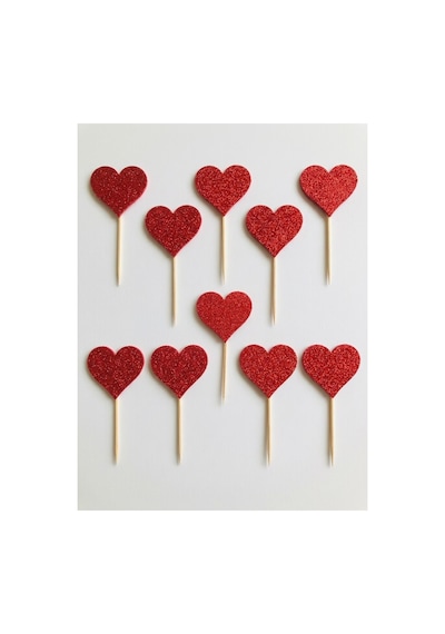 Kalp Kırmızı Simli Cupcake Kürdanı Doğum Günü Parti Ve Pasta Süsü 10 Lu 5cm
