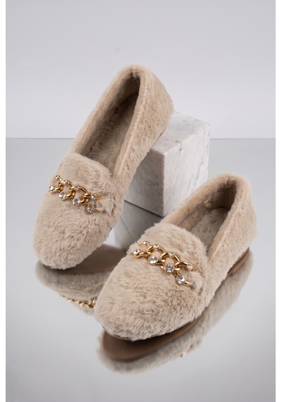 Nmoda Kadın Peluş Panduf Gold Zincir Taşlı Aksesuarlı Kapalı Loafer Yumuşak Tabanlı Kışlık Rahat Babet Krem