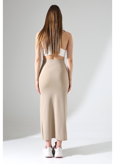 Winmoda34 Kadın Önden Derin Yırtmaçlı Dalgıç Etek Full Likralı Maxi Boy 92 Cm Bej