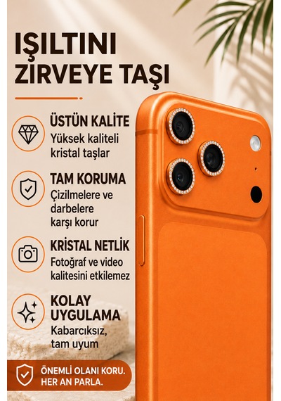 İphone 17 Pro / 17 Pro Max Uyumlu Taşlı Kamera Lens Koruyucu Kozmik Turuncu