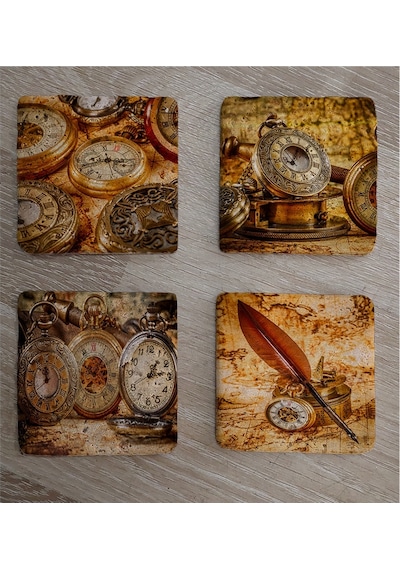 Köstekli Saatler Doğal Taş Bardak Altlığı 4'lü Set - Natural Stone Coasters - Taş Çok Renkli