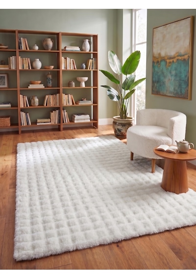 Lux Bubble Ekstra Yumoş Peluş Halı Kaymaz Taban Puffy Tavşan Tüyü Halı Beyaz