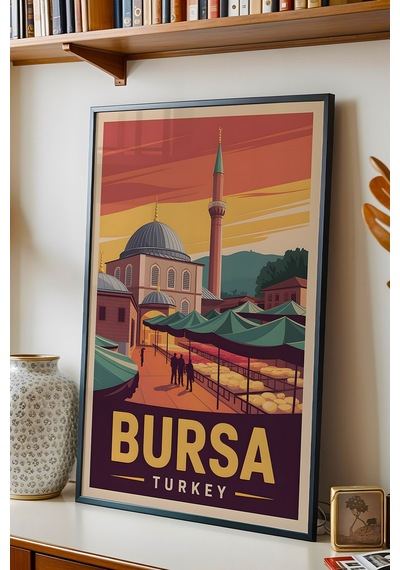 Bursa Tablo - Retro Travel Poster - Türkiye Şehir Serisi Duvar Dekoru - Çerçeve Şehir İllüstrasyonu Siyah