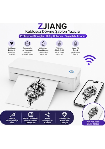Zjiang Bluetooth Taşınabilir Profesyonel Dövme Şablonu Tattoo Yazıcısı Termal Yazıcı