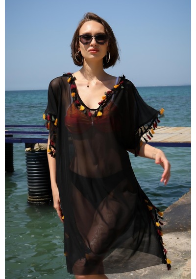 Modi Moda Çizgi Kadın İşlemeli Tunik Pareo Plaj Elbisesi Siyah 38045