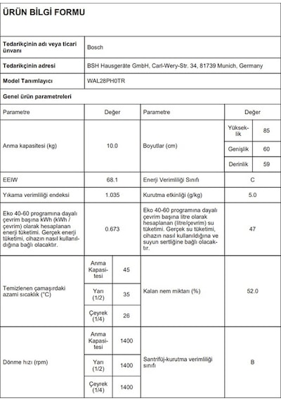 Bosch WAL28PH0TR 1400 Devir 10 KG Çamaşır Makinesi