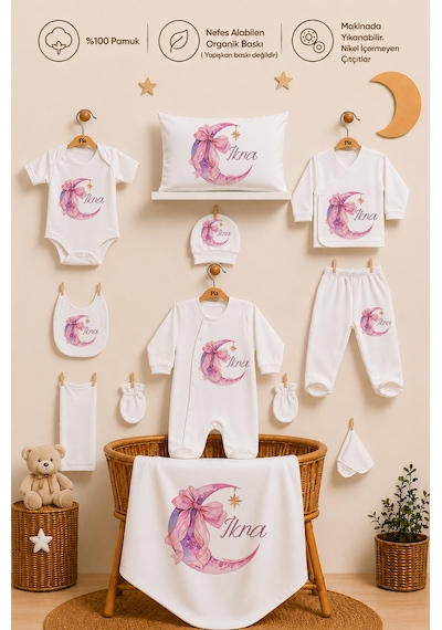 Pia Baby Kız Bebek Hastane Çıkışı Seti 11 Parça %100 Pamuk Kişiye Özel İsim Baskılı 1068113x Ekru