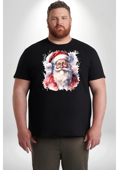 Angemiel Mutlu Noel Baba Yeni Yıl Tasarımı Siyah Büyük Beden Erkek Kadın Unisex Basic Ön Baskılı Tişört Siyah