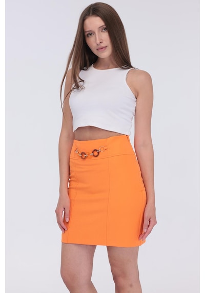 Selectmoda Kadın Zincir Toka Detaylı Modern Şık Mini Etek Turuncu