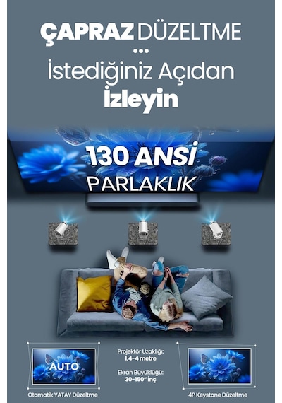 Taşınabilir Akıllı Sinema Projeksiyon Cihazı Projektör Ekran Yansıtma Wifi Bluetooth 5.2 Sinema 502