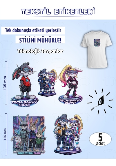 Ütü İle Yapışan Kıyafet Etiketi Teknolojik Tavşanlar 5li Set Karışık