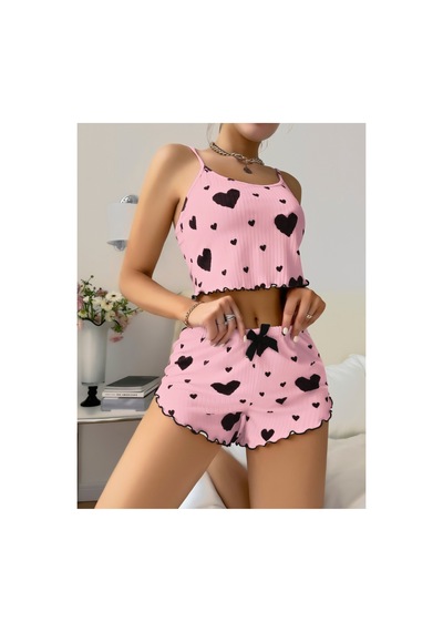 Lily Bianca Nightwear Kalp Desenli Mini Şortlu Penye Gecelik Pembe