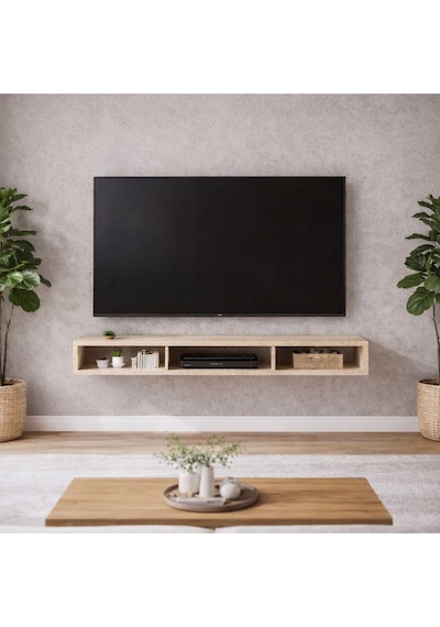 Dekoratif Raflı Duvar Tv Ünitesi Üç Bölmeli Traverten 150 Traverten