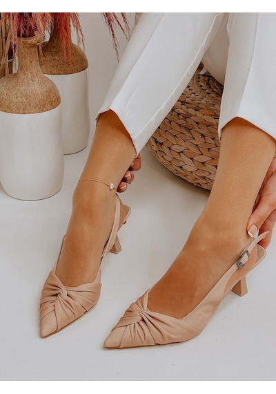 Ervanın Butiği Bej Saten Bow Fiyonk Detay Kadın Stiletto-3668