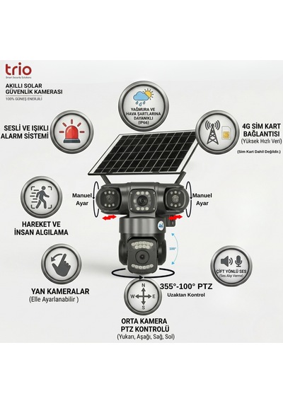 Trıo Tr-sgx349 4g Sim Güneş Enerjili Triple Lens Ptz Güvenlik Kamerası Gece Görüşlü