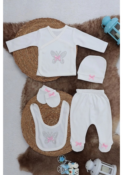 Sema Baby 5 Parça Hastane Çıkışı Zıbın Seti 0-3 Ay - Pink Butterfly Beyaz