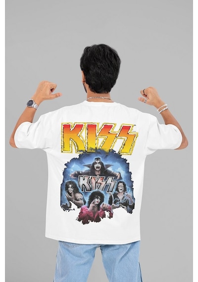Kiss Rock Metal Müzik Grubu Baskılı Unisex Oversize Tasarım Tişör Beyaz