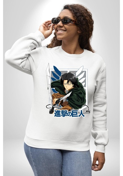 Anime Levi Ackerman Beyaz Ve Siyah Kanatlar Unisex Beyaz Sweatshirt Beyaz