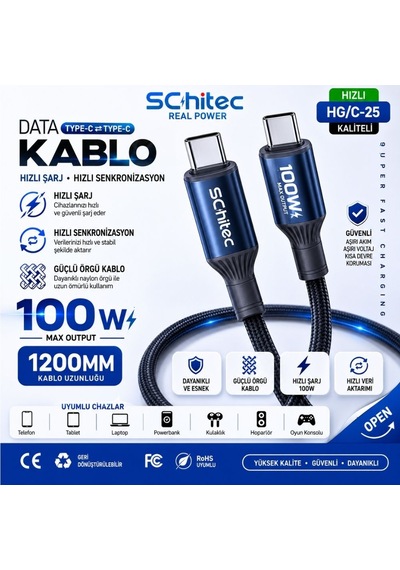 Schitec 100w Type-c To Type-c Süper Hızlı Data Ve Şarj Kablosu Siyah 1.2 Metre Hg/c-25 1M