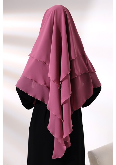 Pembe Üç Katlı Peçeli Kısa Şifon Tesettür Sufle Eşarp