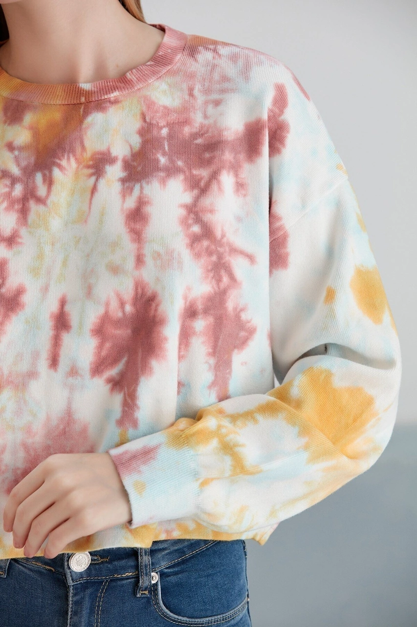 Mamayaga Kadın Batik Desen Crop Boy Sarı Pembe Bej Triko Kazak Pembe