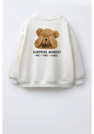 Monila Unisex Çocuk 3 İplik Kumaş Pamuklu Sırtı Ayıcık Baskılı Sweatshirt Ekru