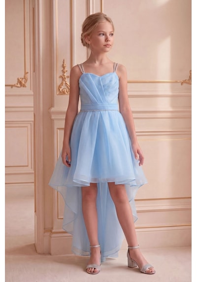 Butik Happy Kids Kız Çocuk Abiye Bebemavi Taş Kordon Askılı Kalp Yaka Kuyruklu Şifon Abiye Elbise 10-15 Yaş Bebe Mavi
