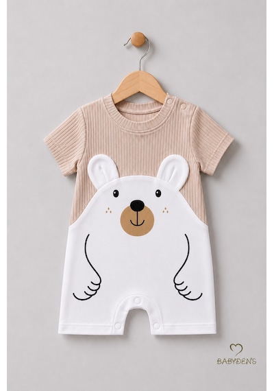 Babyden's Erkek Bebek Ayıcık Baskılı Kısa Kollu %100 Pamuk Yazlık Bebek Tulumu Yenidoğan Günlük Tulum 0-9 Ay Bej