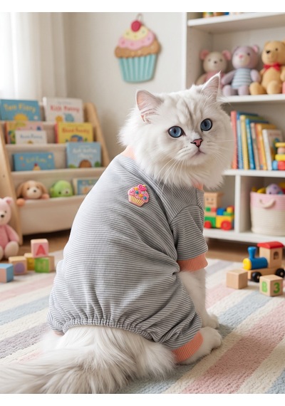 Sweet Cupcake Kedi Tulumu Gri Beyaz İnce Çizgili Penye Kedi Kıyafeti