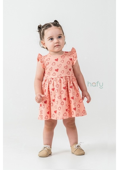 Hafy Baby Fırfır Kollu, Kırmızı Kalp Desenli, Yazlık Kız Çocuk / Bebek Elbisesi Yavruağzı