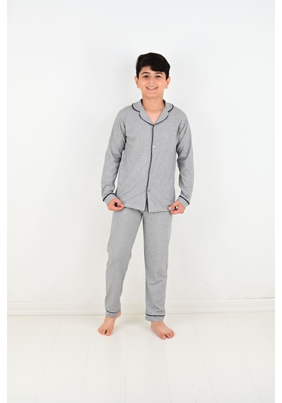 Vitmo Erkek Çocuk Uzun Kollu Pamuklu Düğmeli Pijama Takımı Mini Kare Gri