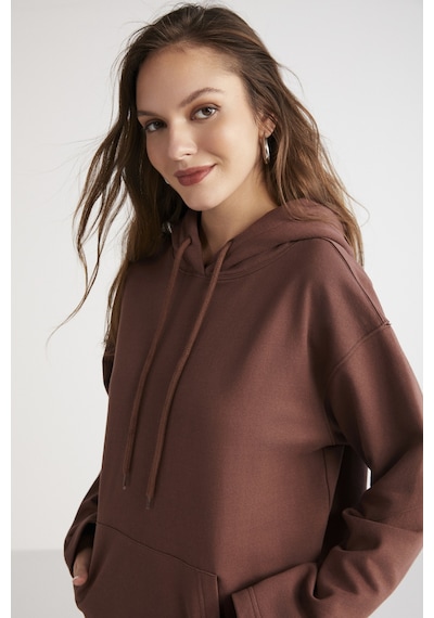 Ethıquet Pıper Kadın Içi Polarlı Yumuşacık Comfort Fit Kapüşonlu Kanguru Cepli Kahverengi Sweatshirt