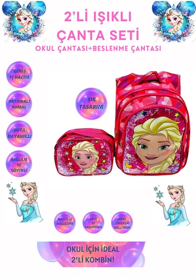 Kız Çocuk Elsa Model Işıklı İlkokul Çantası 2 Li Takım Pembe