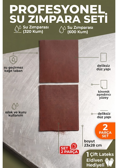 23x28 Cm Su Zımparası Seti 320 600 Kum 2 Parça Islak Kuru Yüzey Zımparası + Eldiven
