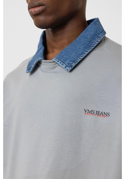 Polo Yaka Yazı Detaylı Oversize Tişört Gri