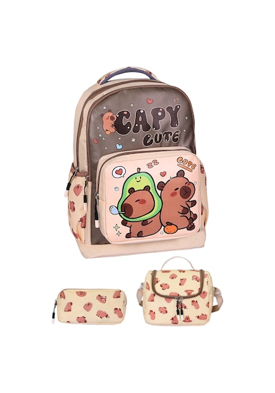 3 Lü İlkokul Capy Cute Baskılı, Erkek Çocuk Beslenmeli Ve Kalemlikli Okul Çantası Bej