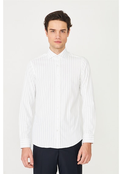 Beyaz Mavi Çizgili Uzun Kollu Gömlek Slim Fit Beyaz-mavi