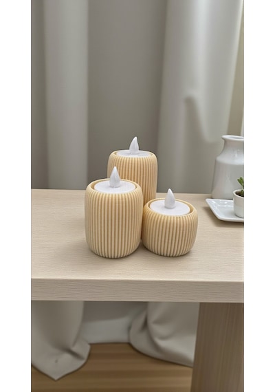 3 Lü Tealight Mumluk Seti Dekoratif Modern Silindir Tasarım-lüks Tasarım- Dekoratif Işık Seti Krem