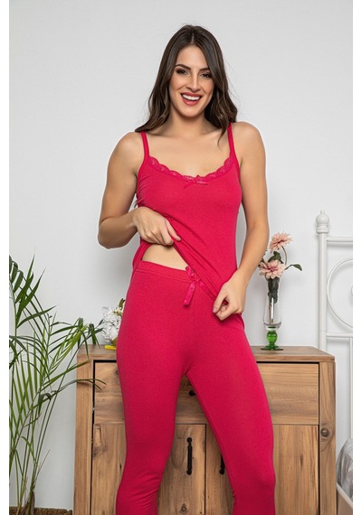 Myben Kadın Fuşya Renkli Dantel Detaylı Şortlu Ve Taytlı Pijama Takımı 3'lü Set 75008 Fuşya