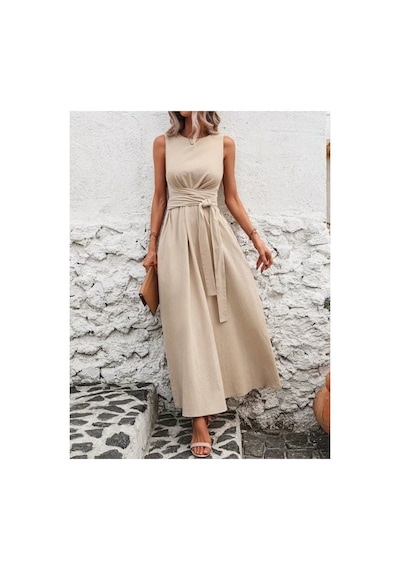 Butik İstanbul Kadın Omuzlardan Açık Belden Bağcıklı Uzun Aerobin Elbise Bej