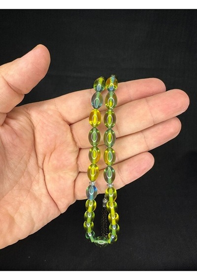 Sevgiliye Özel Hediye Toz Kehribar Tesbih Yeşil-mavi Renkli Arpa Kesim 12mmx8mm H-1665.