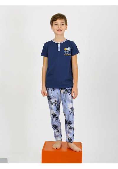 Vitmo Erkek Çocuk Kısa Kollu Düğme Detaylı %100 Pamuklu Pijama Takımı The Palm Lacivert